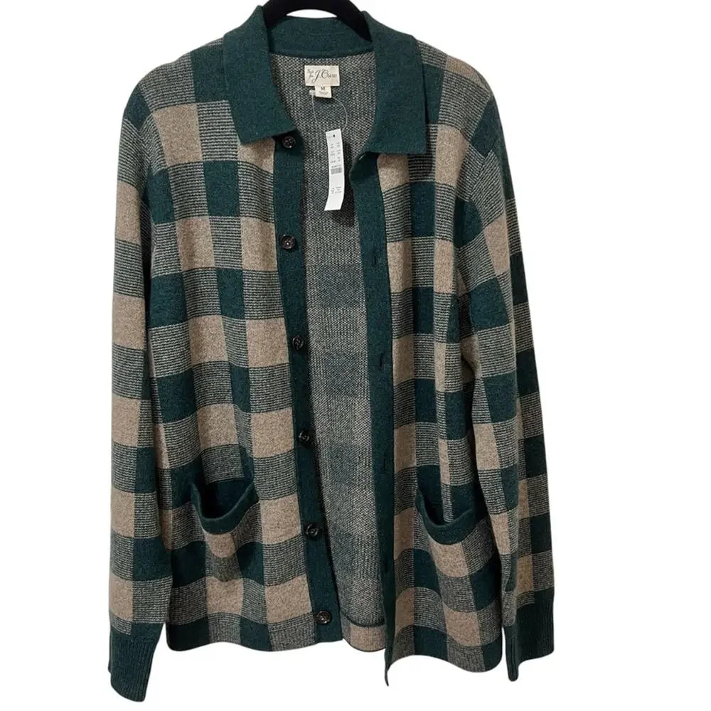 NEW J.Crew Merino Wool-Blend Plaid Polo Cardigan Sweater M Spruce Split Check